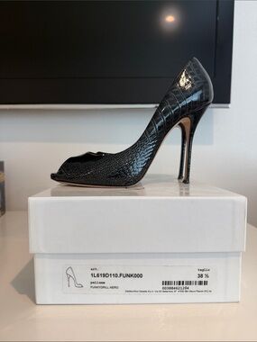 Casadei Black Croc-Embossed Peep-Toe Stiletto Pumps